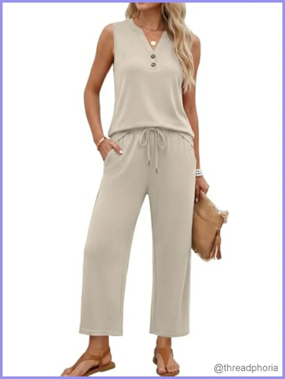 Two Piece Lounge Set V-Neck Tank Top Wide Leg Pants Casual Travel Outfit